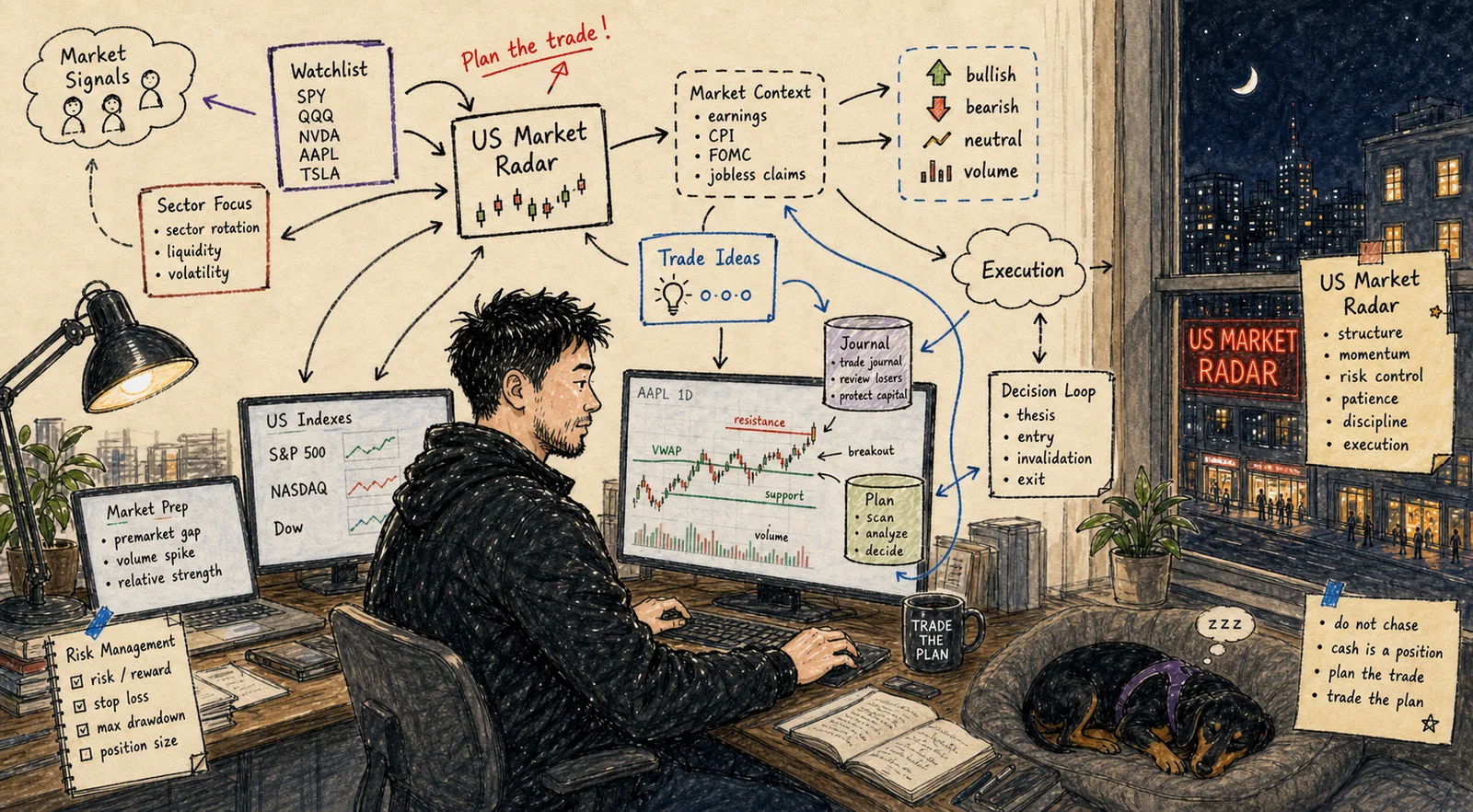 A hand-drawn night desk map connecting market context, risk, watchlists, and a trading decision loop.